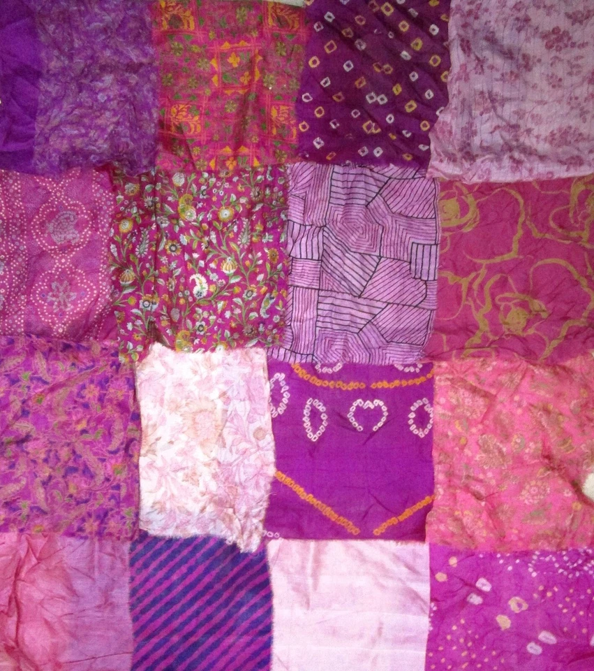 LOT PURE SILK Vintage Sari Fabrics REMNANT 16 pcs 8" SQUARES Pink Magenta CRAFT - Image 4 of 4