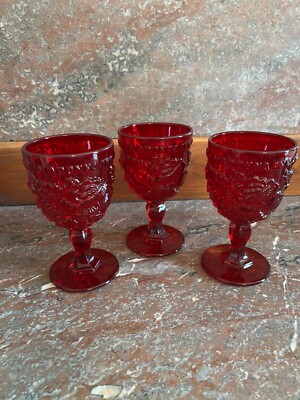 L.G. Wright Fenton Wild Rose 6 1/2'' Ruby Red Wine/Water Goblets Madonna Inn (3)