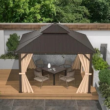 Domi 10' x 10' Hardtop Gazebo Outdoor Aluminum Gazebo w/Curtains,Net, Brown