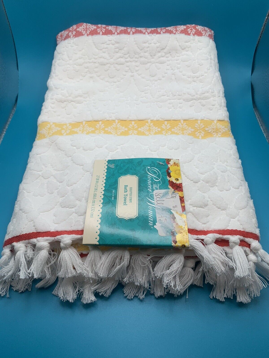 Set of The Pioneer Woman Bath Towels Sculpted Stripe Tassels 27x52 100%  Cotton
