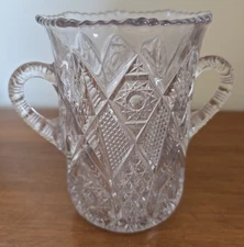 Antiq EAP "Hobstar" US GLASS Crystal Cut Sawtooth Two-Handled Celery Vase c1915