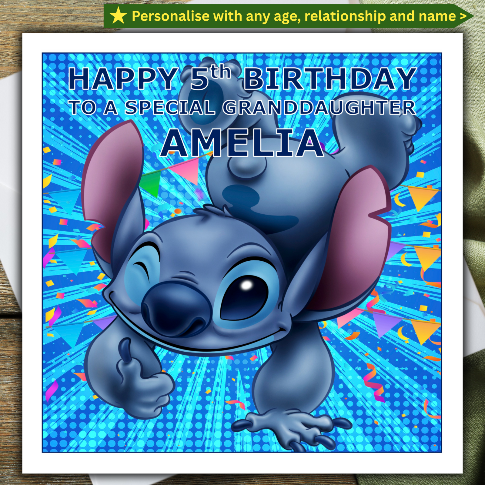 STITCH personalised BIRTHDAY CARD customise age relation name