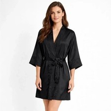 Victoria's Secret Womens Satin Kimono Robe Sz M/L Black Short Wrap Belted EUC