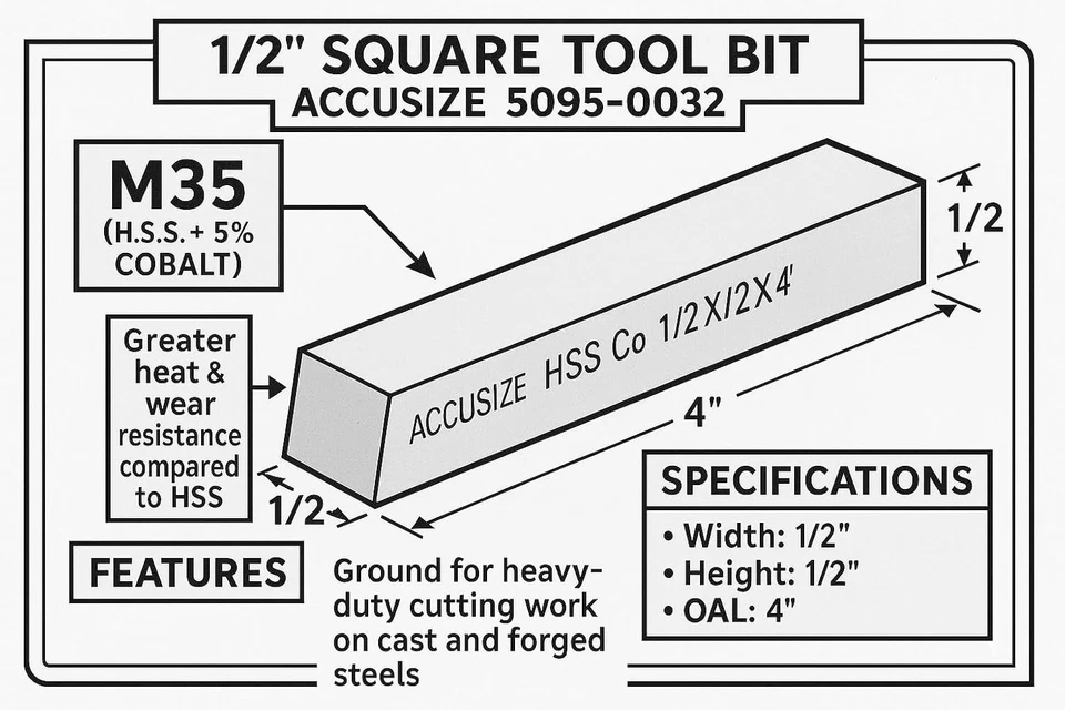 Cobalt HSS Lathe Tool Bit 1/2x1/2x4in Heavy Duty Versatile Machining - Image 4 of 4