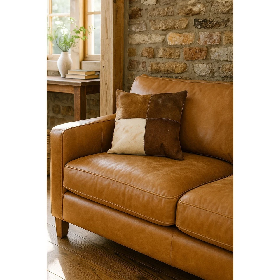 Funda de cojín de cuero de vaca - Almohada de piel de retazos naturales Foto 2 de 4