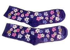 Women's Crew Socks One Size Navy Blue Floral with Pink White Blue Gold Flowers