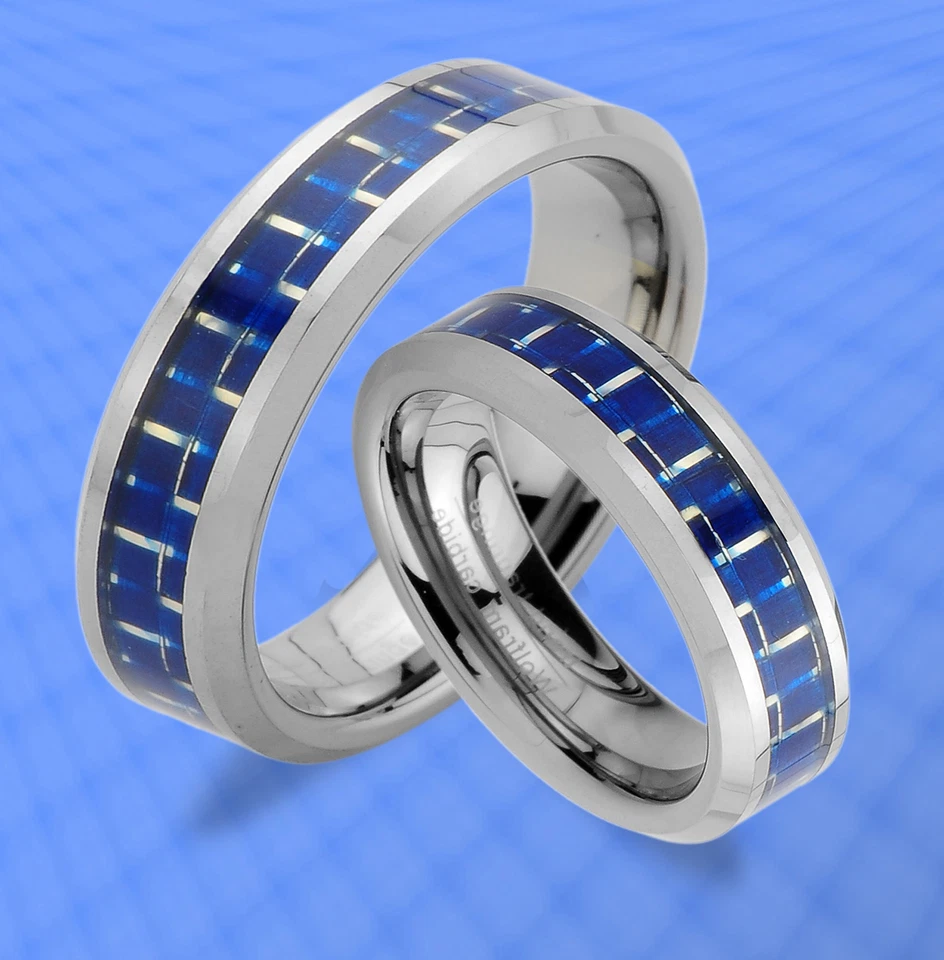 2 WOLFRAM TRAURINGE PARTNER RINGE mit CARBON EINLAGE Blau & GRATIS GRAVUR  JW7 - Bild 1 von 1