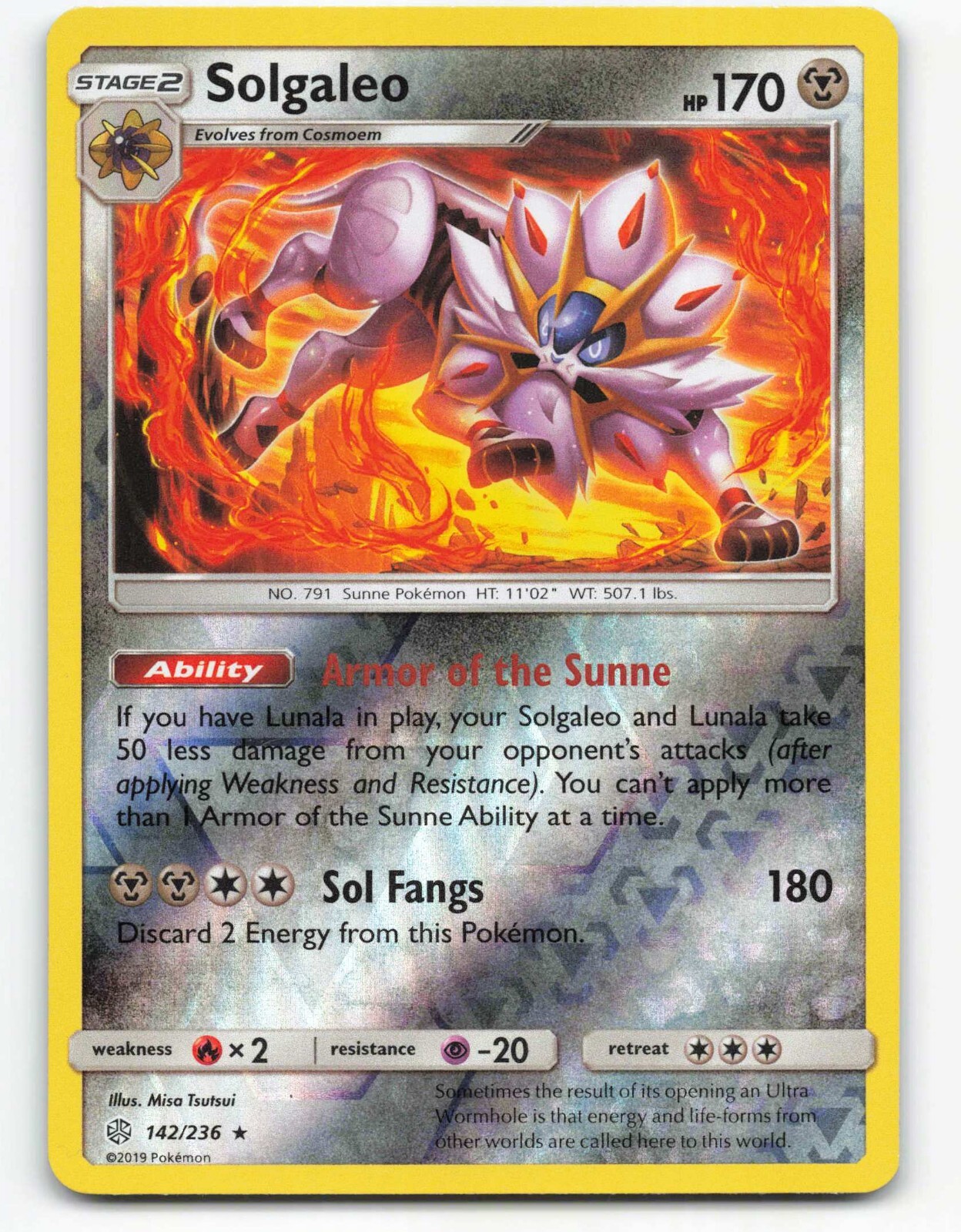 2019 Pokemon, Cosmic Eclipse, #142/236 Solgaleo, Reverse Holo Rare
