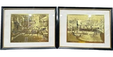 2 Vintage Gold Foil Pictures 1970 Harbor Shelter Dry Dock Print Lionel Barrymore
