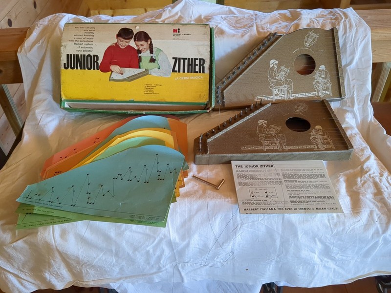 TWO VINTAGE JUNIOR ZITHERS HARBERT MILANO ITALY, SONG CHARTS, TUNER, INST, ETC