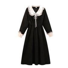Japanese Midi Dresses Lace Ruffles Long Puff Sleeve Sweet Pleated Plus Size Cute