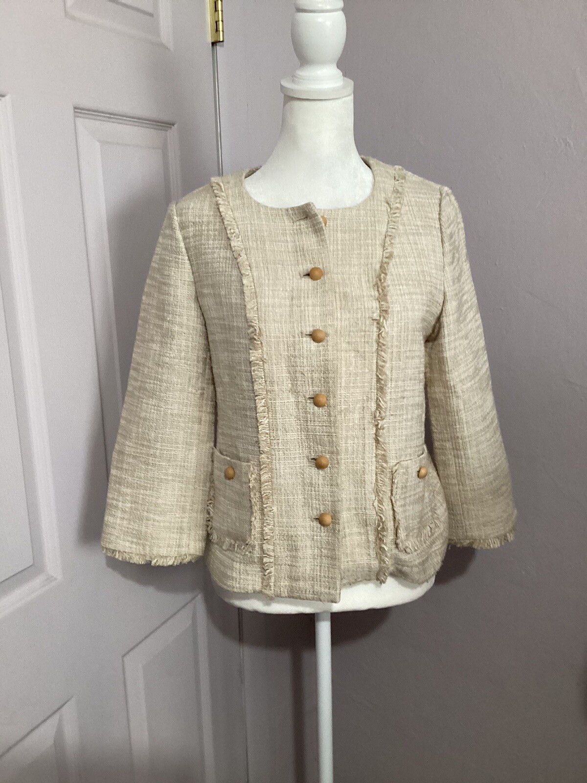 Karl Lagerfeld Cream Tweed Button Basic Jacket - image 1