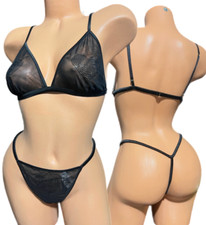 Victorias Secret Set Sheer Mesh Bralette Low Rise V-String Panty Large Black