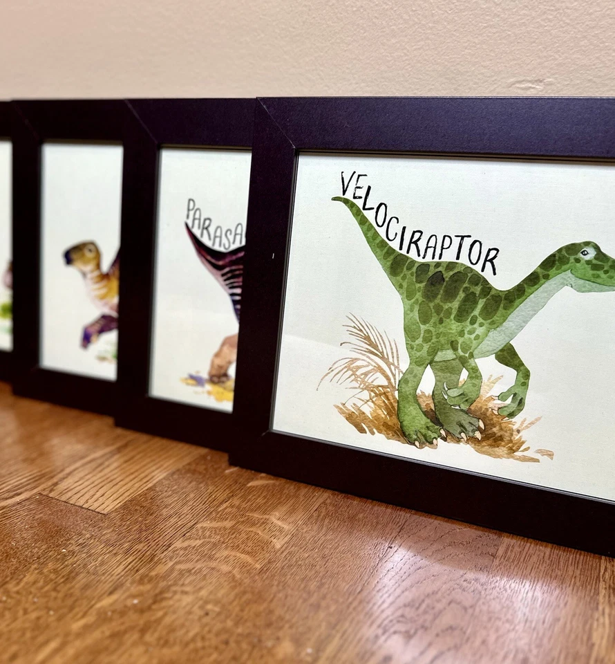 4 件套框架水彩恐龙艺术版画 8x10;墙面艺术;儿童房 — 第 2/4 张图片