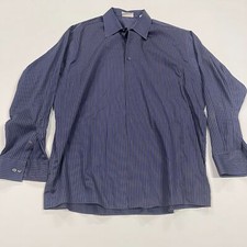 Kenneth Cole Dress Shirt Men's 18 Blue Gray Striped 100 Cotton Classic Slim Fit