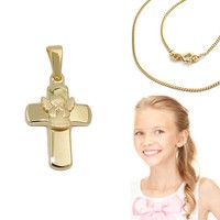 Echt Gold 750 Betender Engel Kreuz AnhäNger Kinder Taufe Kommunion +Silber Kette