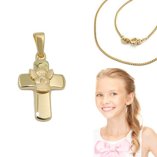 Echt Gold 585 Betender Engel Kreuz AnhäNger Kinder Taufe Kommunion +Silber Kette-image