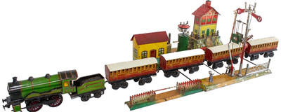 1910's Uncommon Issmayer German-made Large 0-gauge Wind-up Train w. Accessories
