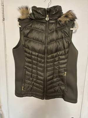 Michael Kors Women's Hooded Quilted Faux Fur Trim Vest X LARGE GREEN Down