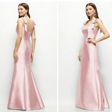NWT Alfred Sung Satin Fit & Flare Maxi Dress Shoulder Bows Size 4 Pink D868 Chic