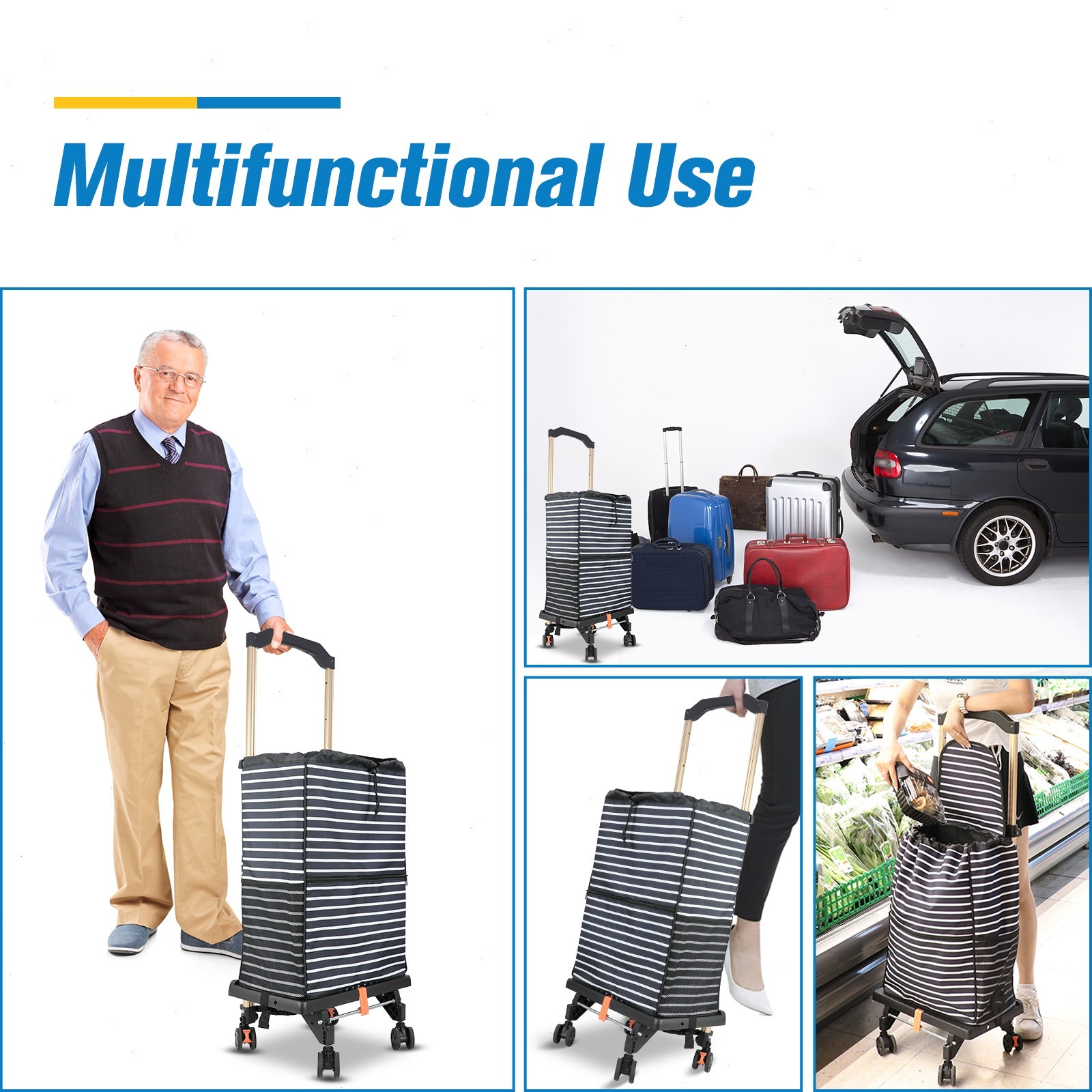 2-In-1 Folding Utility Shopping Cart Easy Transport Aluminum Grocery Cart