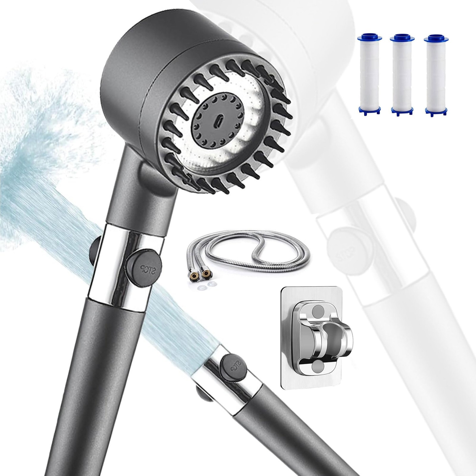 BRONXIC® Shower Head High Pressure with 4 Modes, Turbocharged Design Silver