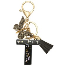 Initial Letter Keychain, Cute Butterfly Keychain with Tassel Letter T, Black