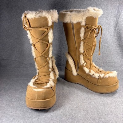 Demonia Cubby-311 Platform Boots Womens 12 Camel Vegan Suede Chunky Faux Fur