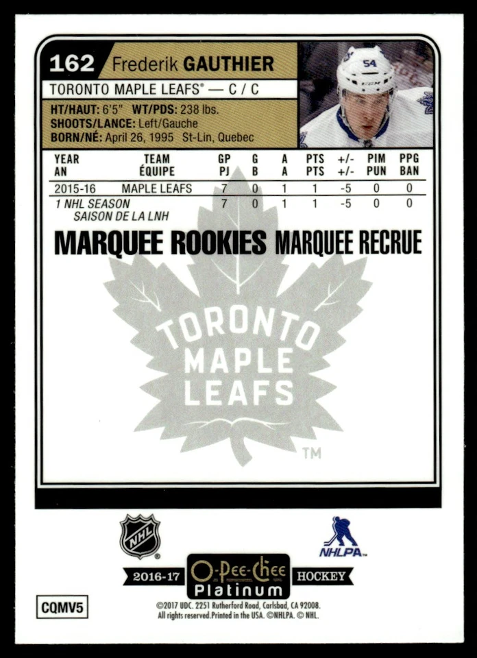 2016-17 O-Pee-Chee Platinum Frederik Gauthier Rookie Toronto Maple Leafs #162 - Image 2 of 2
