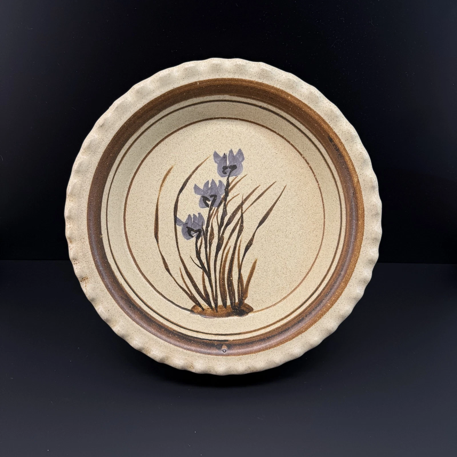 Vintage Studio Pottery Stoneware 9" Pie Plate Deep Dish Iris Fluted Signed