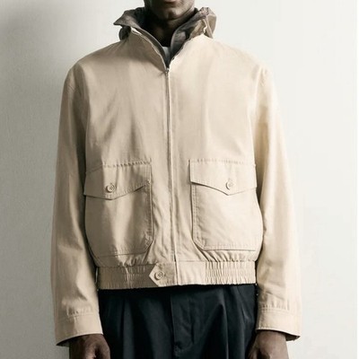 Zara Men's Beige Cotton-Lyocell Full Zip Jacket with Pockets Size S