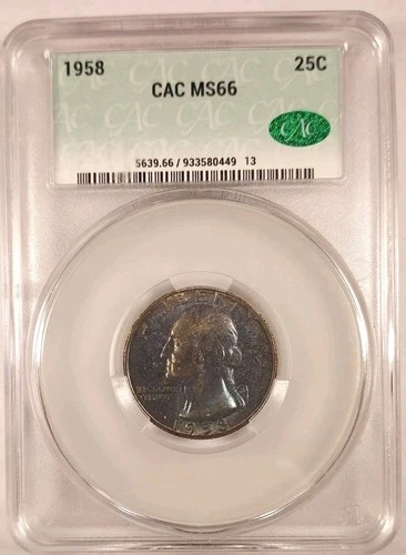 Beautiful Toned Blue And Purple CACG MS66 1958 25C Washington Silver Quarter