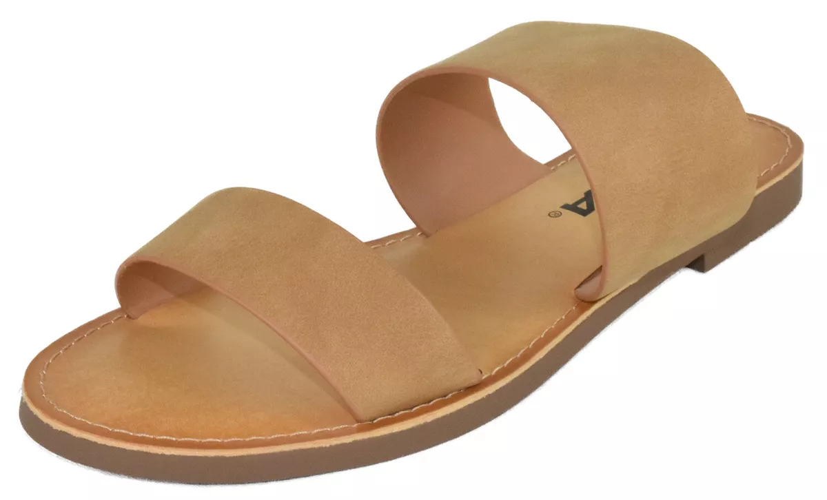 Soda Women Sandals Double Strap Flip Flops Slides Wide Width Fit ABBEY Tan  Brown