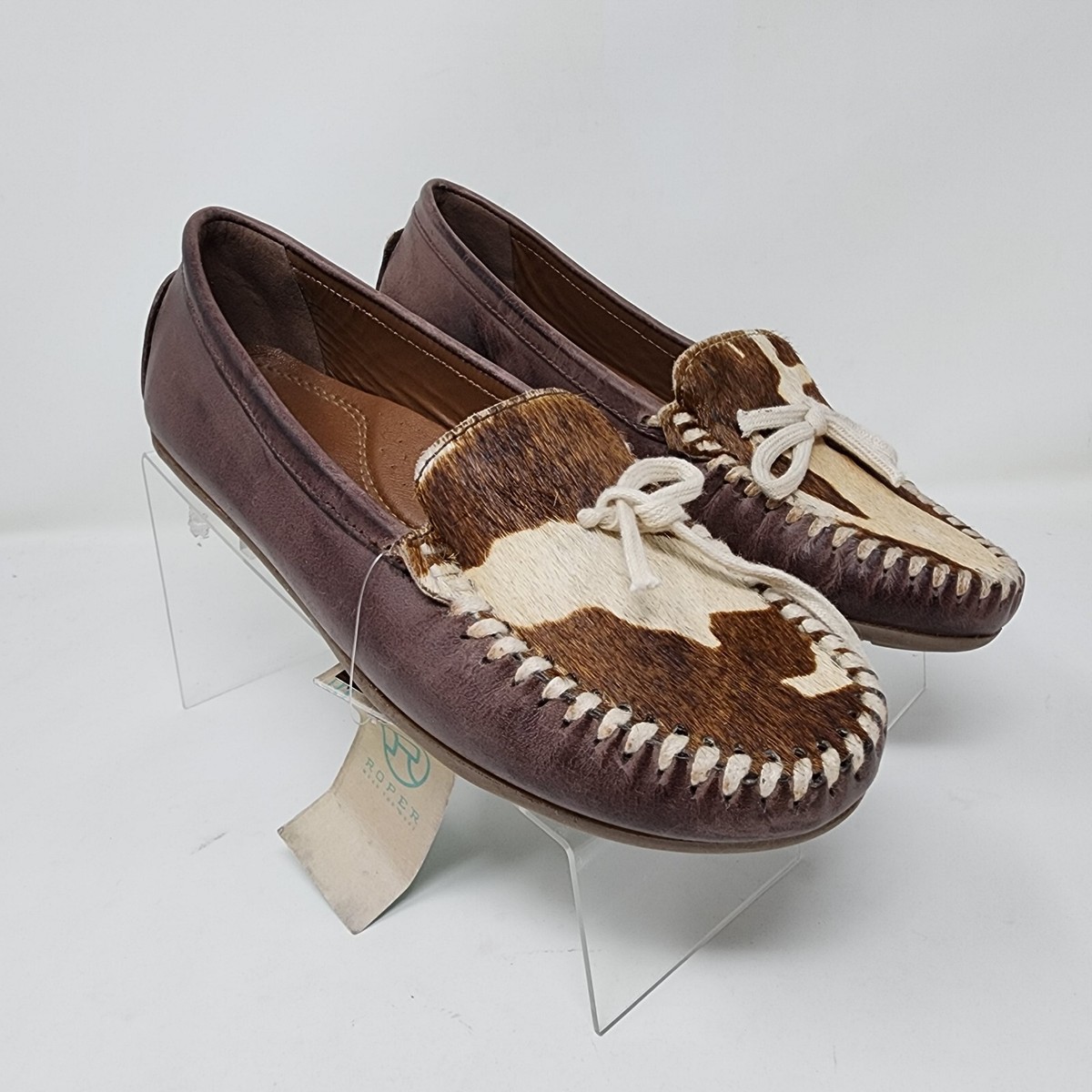 Roper Moccasins Womens Brown Lilly Cow Print Western Cowgirl Leather Shoes