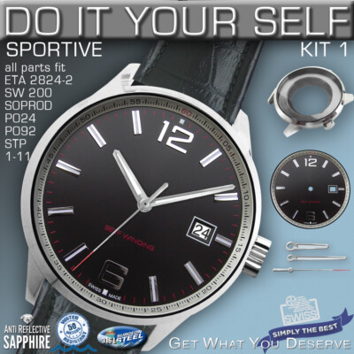  DO IT YOURSELF KIT 1: SPORTIVE CASE 40MM,  DIAL, HANDS, fit ETA 2824, SW200
