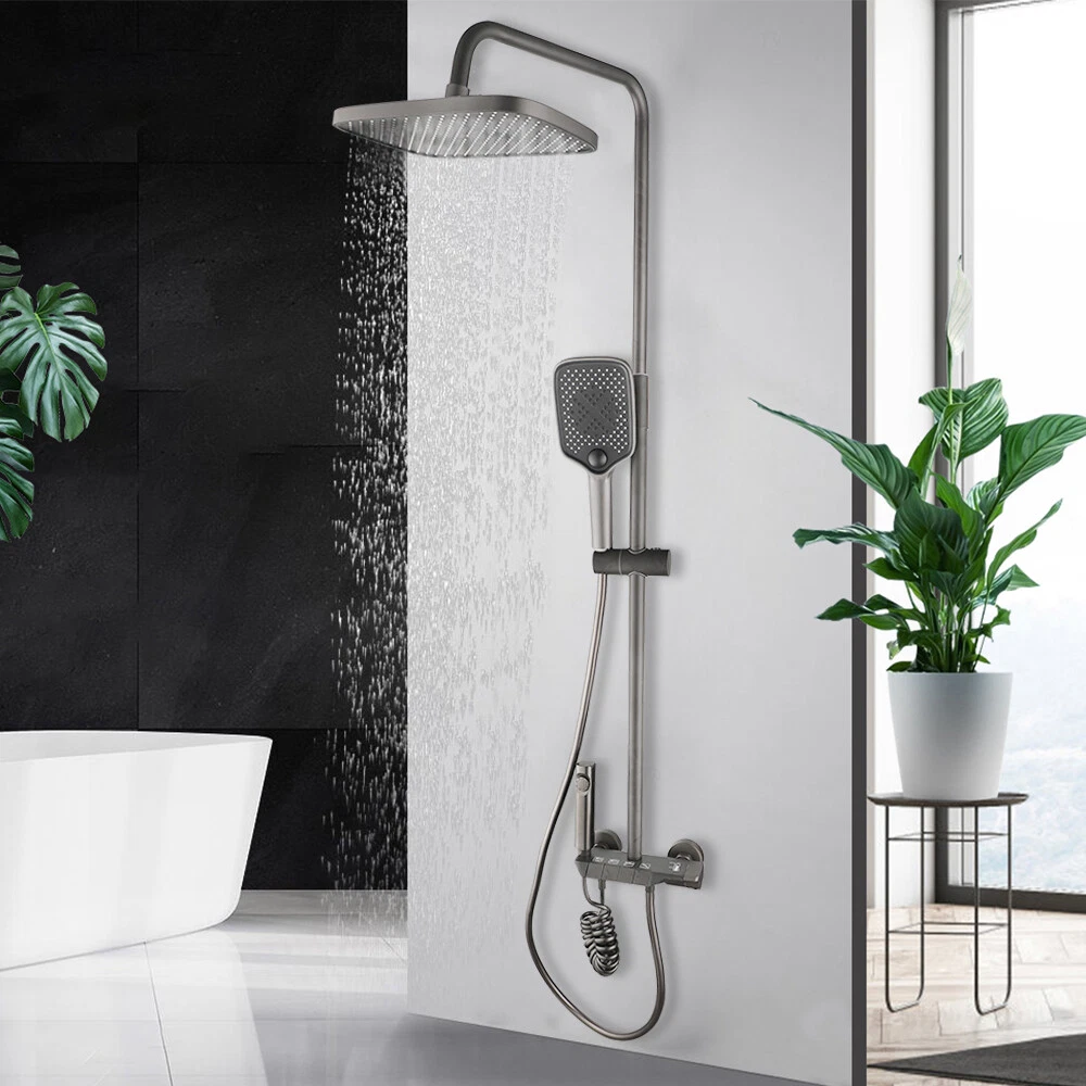 Gun Metal Rainfall Shower Head Digital Display Valve Shower Mixer Faucet Tap Kit