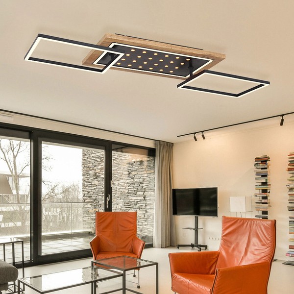 Deckenlampe Deckenleuchte Esszimmerlampe Holzoptik Led Rahmen Schwenkbar Schwarz-image