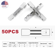 50PCS 26-24AWG Heat Shrink Butt Wire Splice Connectors Seal Crimp Terminals