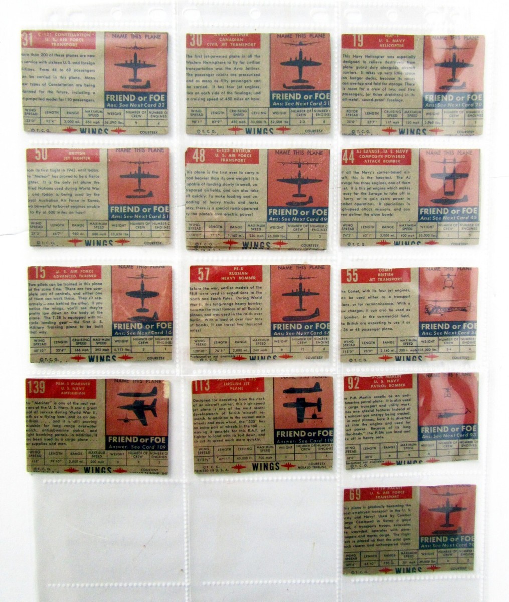 Vintage 1950's AIRCRAFT Trading Cards, 13 piece set, not complete