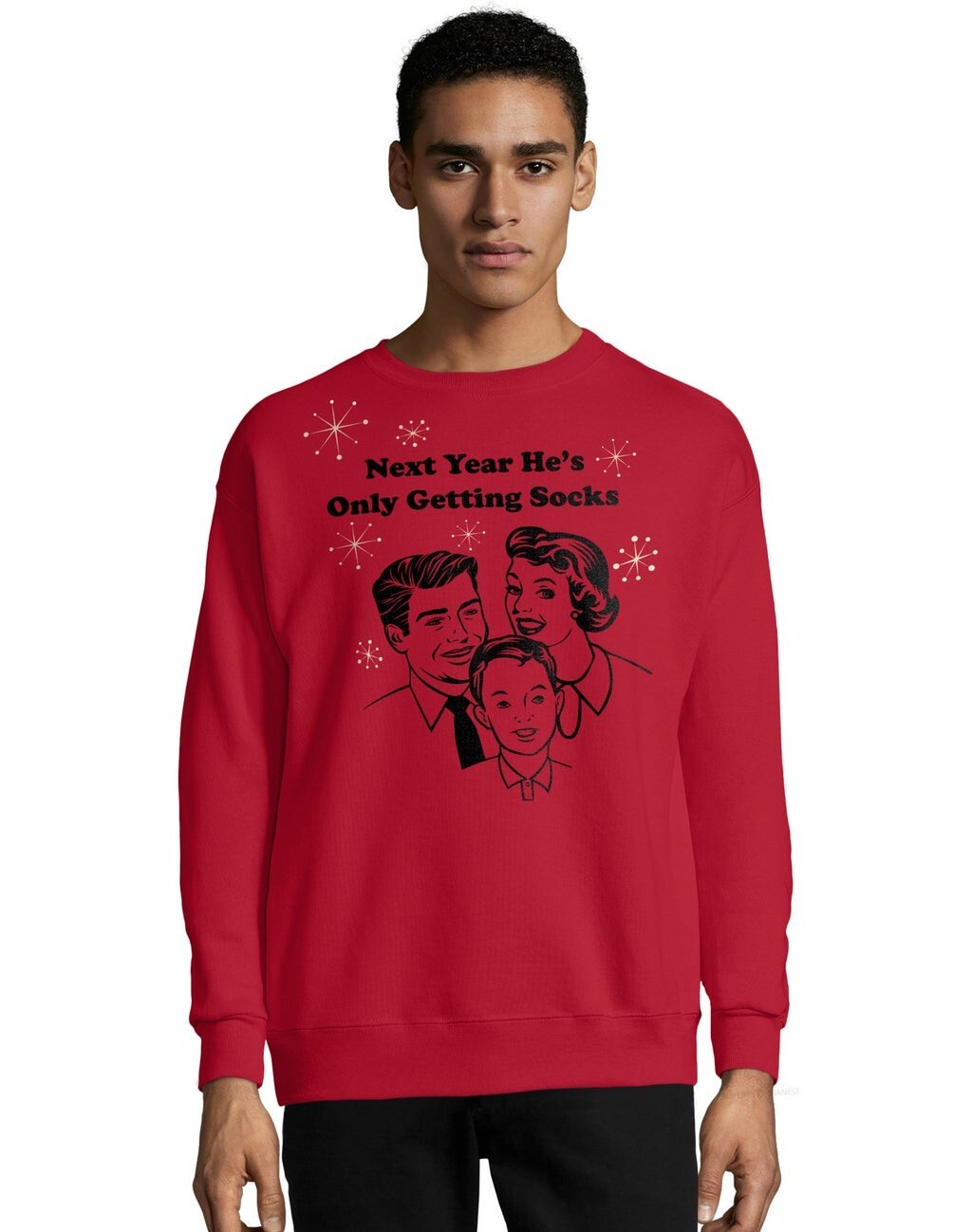 SAOLA Felpa Hanes "Next Year He's Only Getting Socks" Rossa Brutta Natale L Nuova con etichette