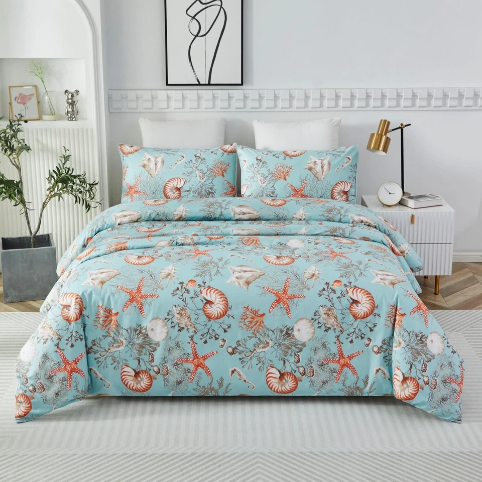 Juego de cama costera de lujo de algodón Cal King de playa 3 piezas estrella de mar caracola... Foto 4 de 4