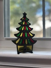 Vintage Stained Glass Cast Iron Christmas Tree Candle Holder Taiwan 7"