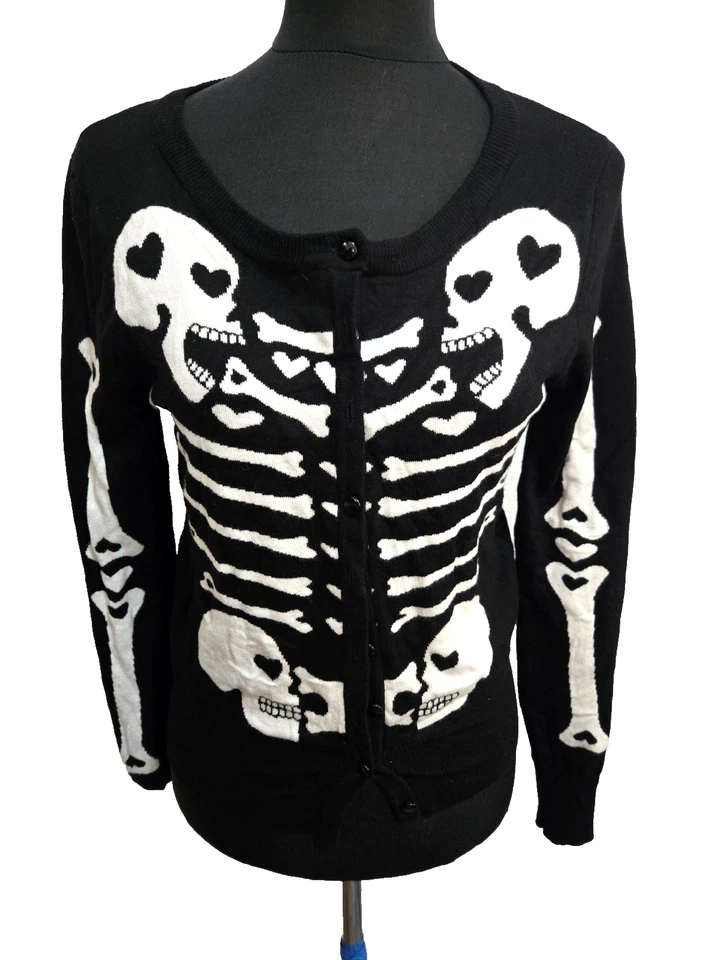 Too Fast Skull Skeleton Black White Cardigan Sweater Buttons Women's M Well Made - Image 4 of 4