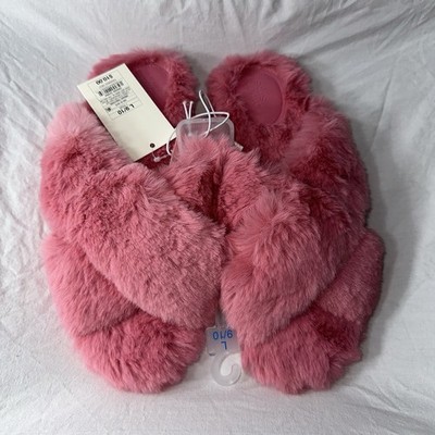 Women's Pink Crossband Fuzzy Faux Fur Slippers - Stars Above