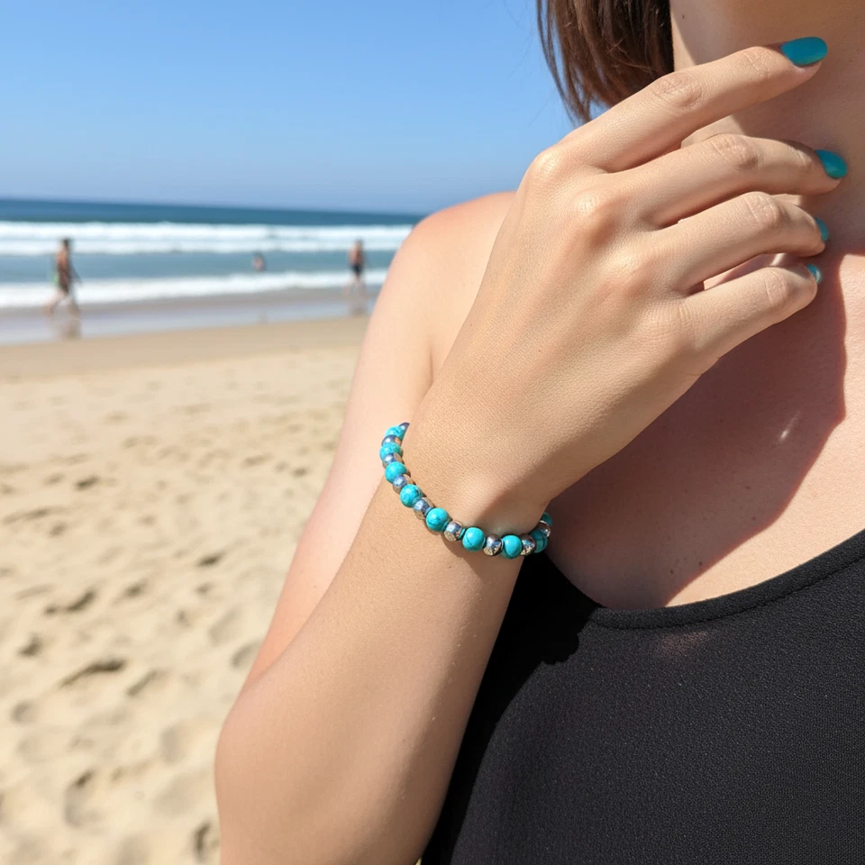 Bracciale Turchese pietre dure perle argento in Acciaio Uomo Donna braccialetto - Immagine 3 di 4