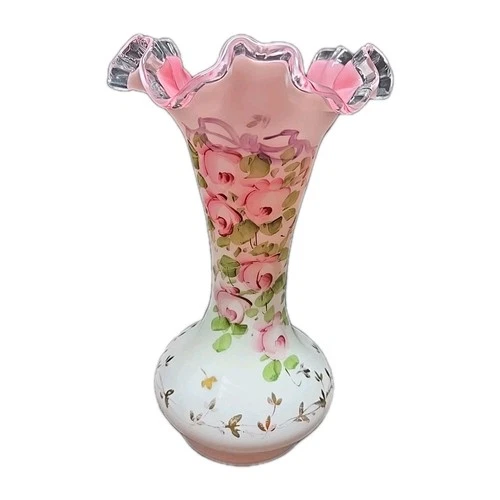 Fenton Charleton Peach Crest Ruffle Hand-Painted Vase Floral Pink Rose White 8"