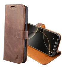  Genuine Leather Wallet Case for – Flip Cover with Card Slots & iPhone 17 Brown
