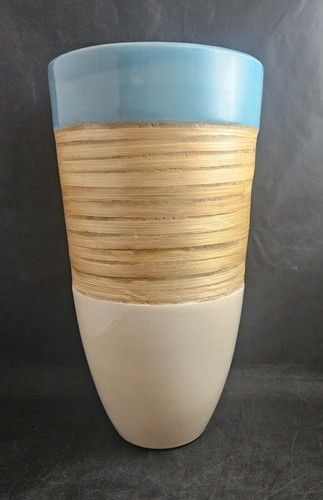 PIER ONE Large Ceramic With Bamboo Inlay Vase Teal Cream Bamboo - Picture 1 of 8