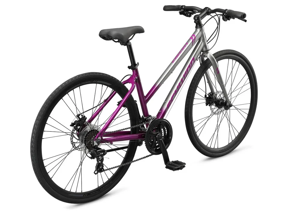 [带盒] Schwinn 700C / 28 英寸赛道女式混合动力自行车,21 速,灰色/紫色 — 第 3/4 张图片