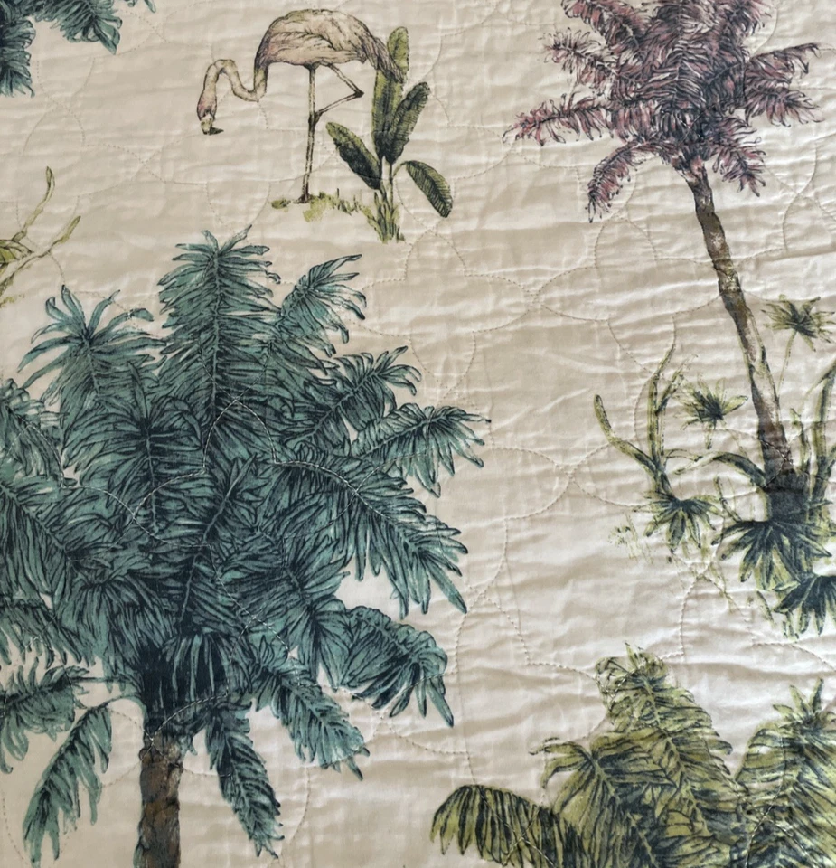Tropical Quilted Coverlet Queen Size 88"x98" Reversible Palm Trees Flamingoes - Image 3 of 4